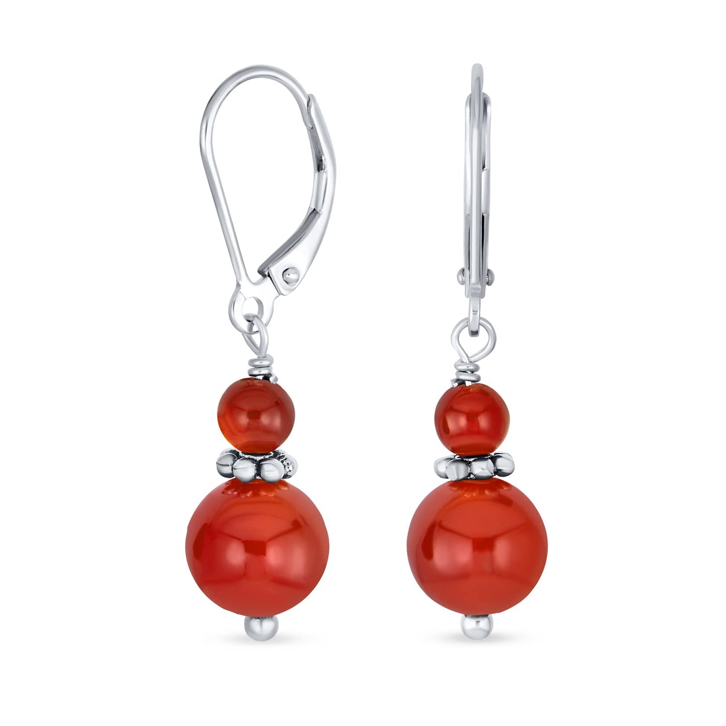 Bling Jewelry Bali Style .925 Sterling Silver Red Carnelian Bead 3MM & 8mm Balls Drop Earrings Milgrain Rondel Separator Lever Back Genuine Gemstone