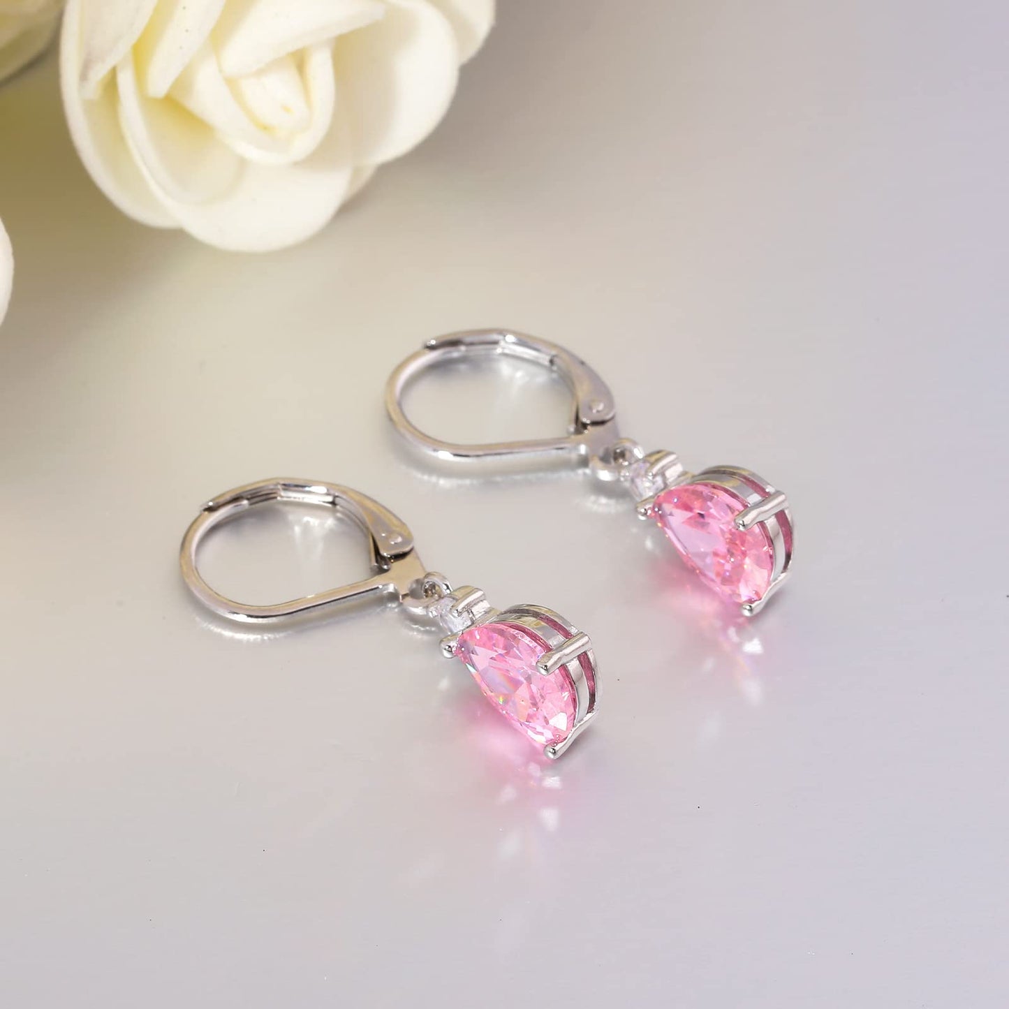 CiNily Leverback Dangle Earrings for Women 14K White Gold Plated Drop Earrings Pink Cubic Zircon Fashion Teardrop Hoop Earrings Hypoallergenic Jewelry for Sensitive Ear