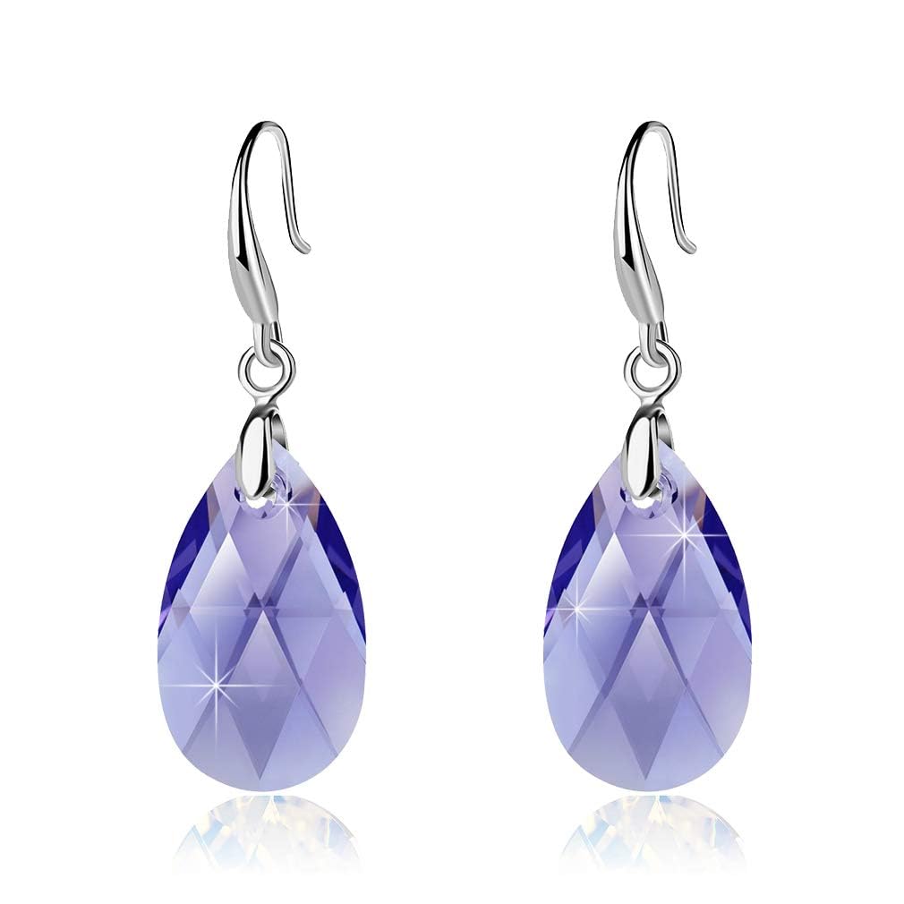 Austrian Crystal Teardrop Dangle Hook Earrings for Women 14K Gold Plated Hypoallergenic Jewelry (Tanzanite)