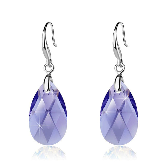 Austrian Crystal Teardrop Dangle Hook Earrings for Women 14K Gold Plated Hypoallergenic Jewelry (Tanzanite)