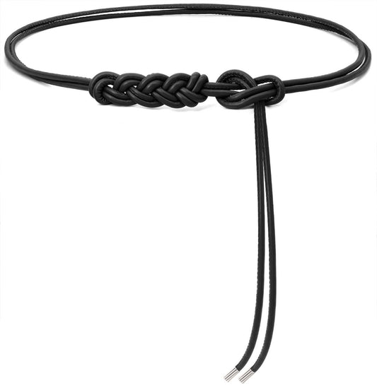 BAOKELAN Women Knot Thin Belts Skinny PU Leather Belts Boho Waist Belt for Dresses Black 130CM