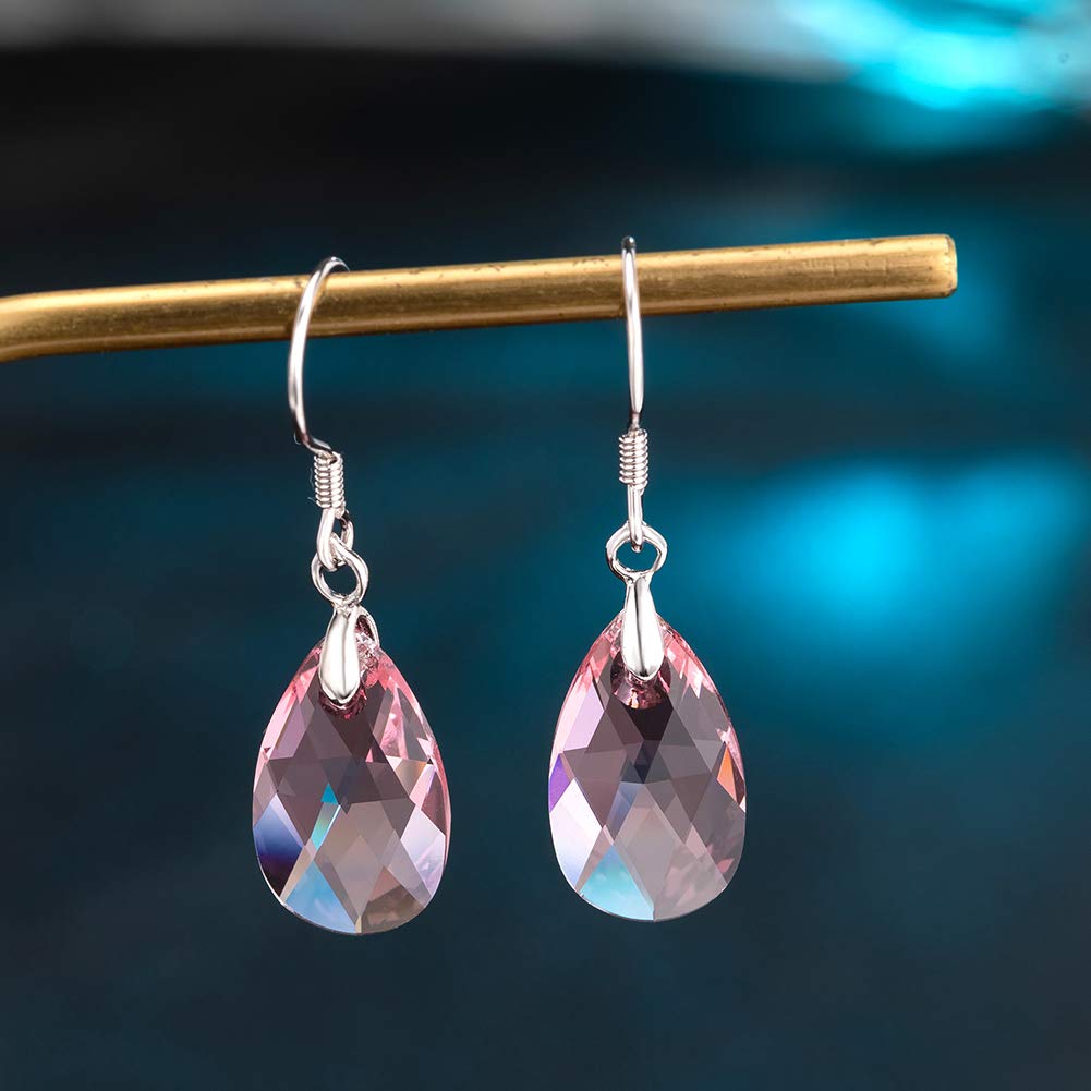 Teardrop Austrian Crystal Drop Dangle Earrings for Women 925 Sterling Silver Hook Hypoallergenic Earring (Pink)