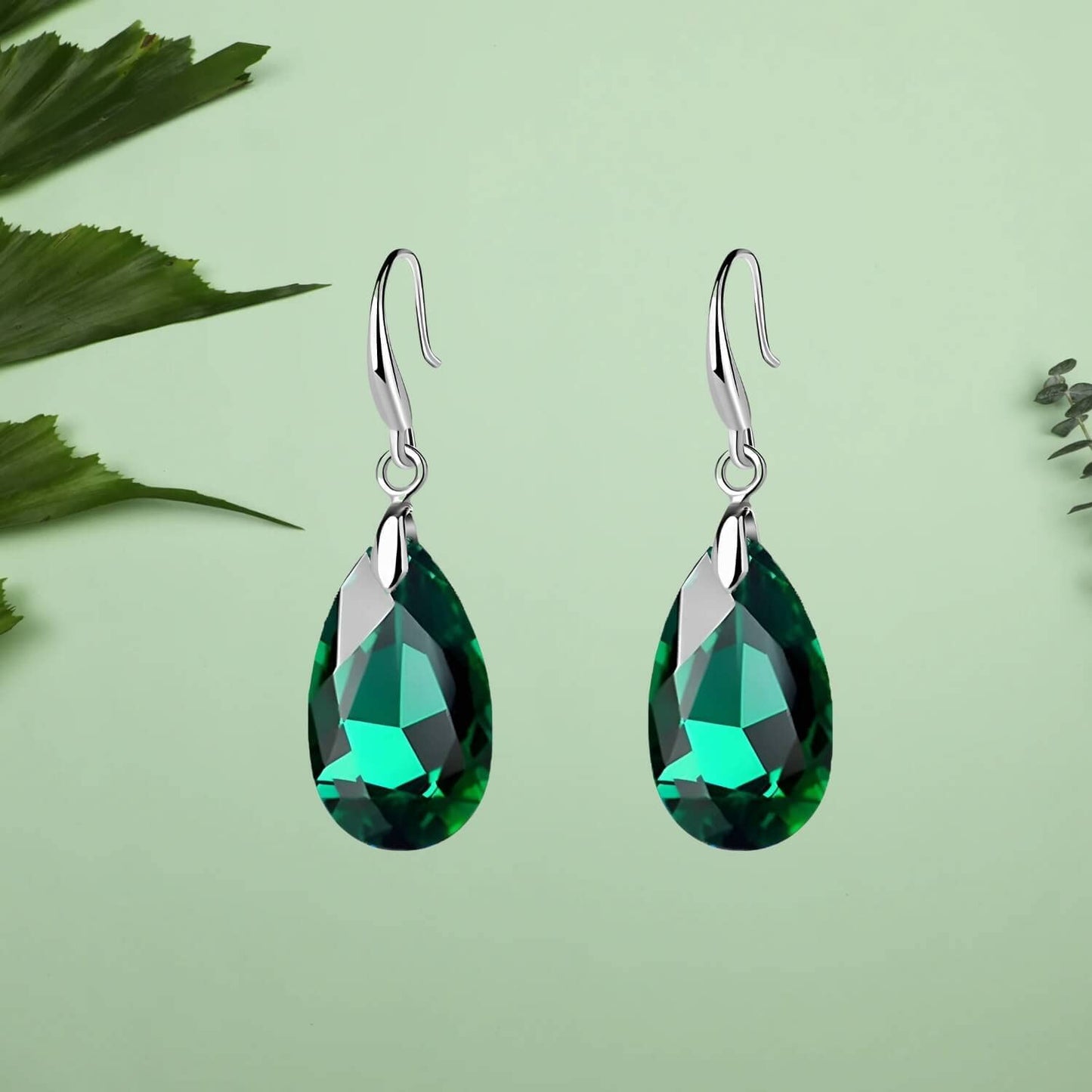 Austrian Crystal Teardrop Dangle Hook Earrings for Women 14K Gold Plated Hypoallergenic Jewelry (Emerald)