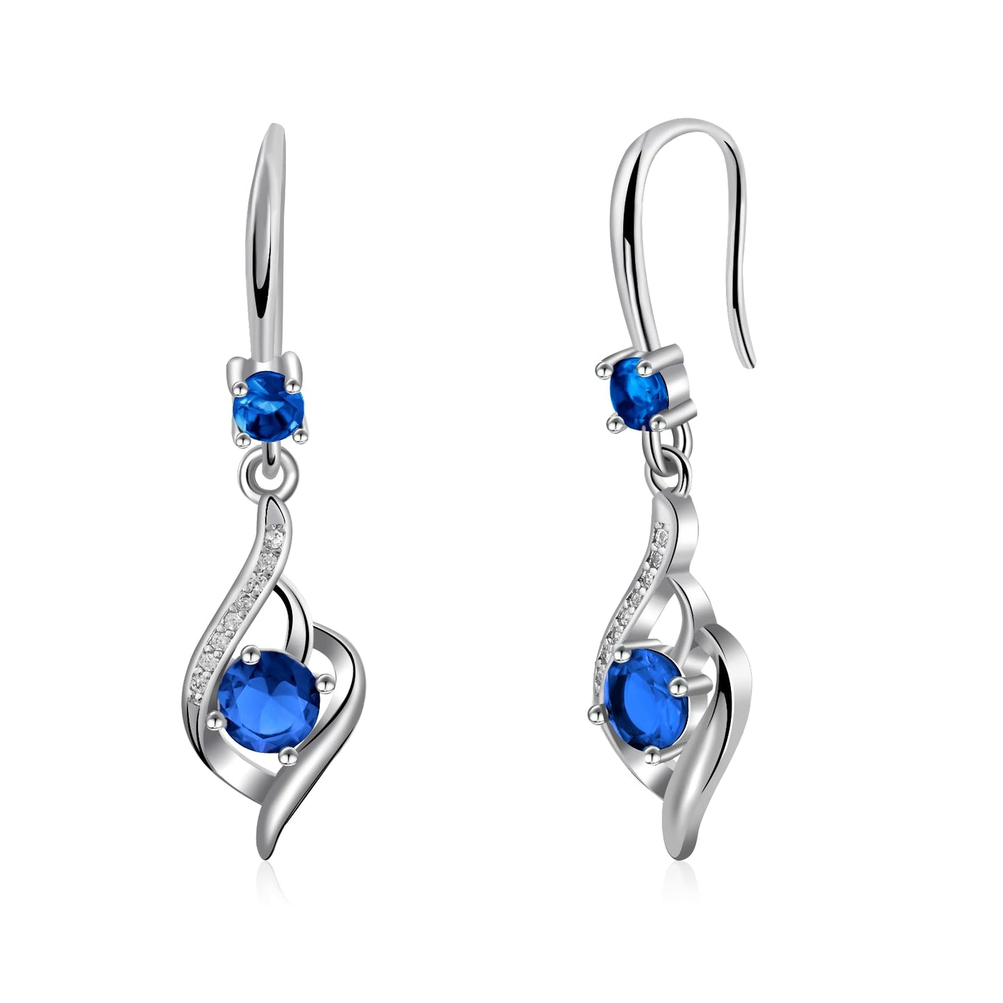 Heart Sapphire Drop Dangle Earrings-925 Sterling Silver with Blue Crystals-Long Birthstone Jewellery for Women