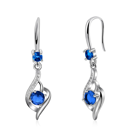 Heart Sapphire Drop Dangle Earrings-925 Sterling Silver with Blue Crystals-Long Birthstone Jewellery for Women