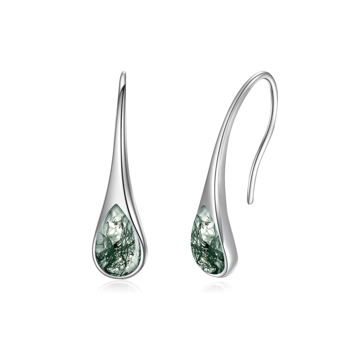 925 Sterling Silver Pear-Shaped Hook Earrings with Moss Agate, Teardrop Jewelry Gifts for Women Wife Mom