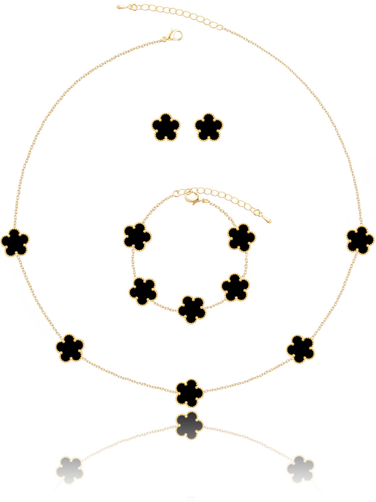 Qinpan Five Leaf Clover Necklace Bracelet and Stud Earrings Set for Women Lucky Flower Jewelry (Black-14K Gold Plated)