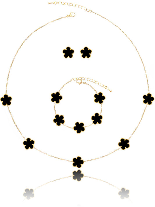 Qinpan Five Leaf Clover Necklace Bracelet and Stud Earrings Set for Women Lucky Flower Jewelry (Black-14K Gold Plated)