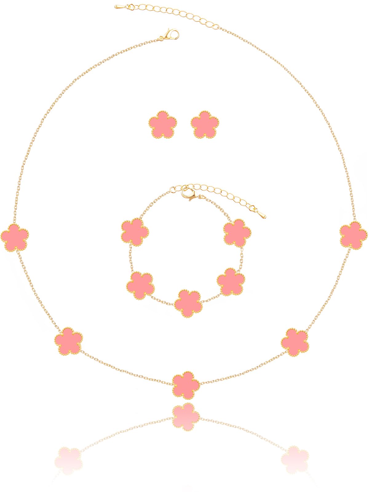 Five Leaf Clover Necklace Bracelet and Stud Earrings Set for Women Lucky Flower Jewelry (Pink-14K Gold Plated)
