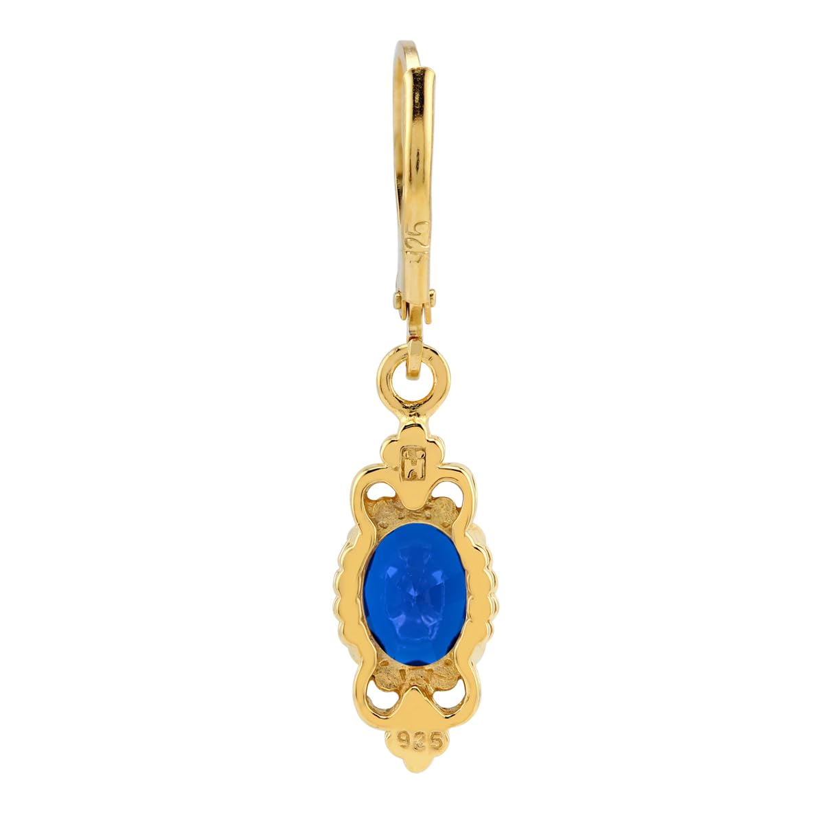 Silvershake 8X6mm Created Oval Shape Blue Sapphire 14K Yellow Gold Plated 925 Sterling Silver Balinese Style Leverback Dangle Earrings September Gemstone Birthstone Jewelry for Women