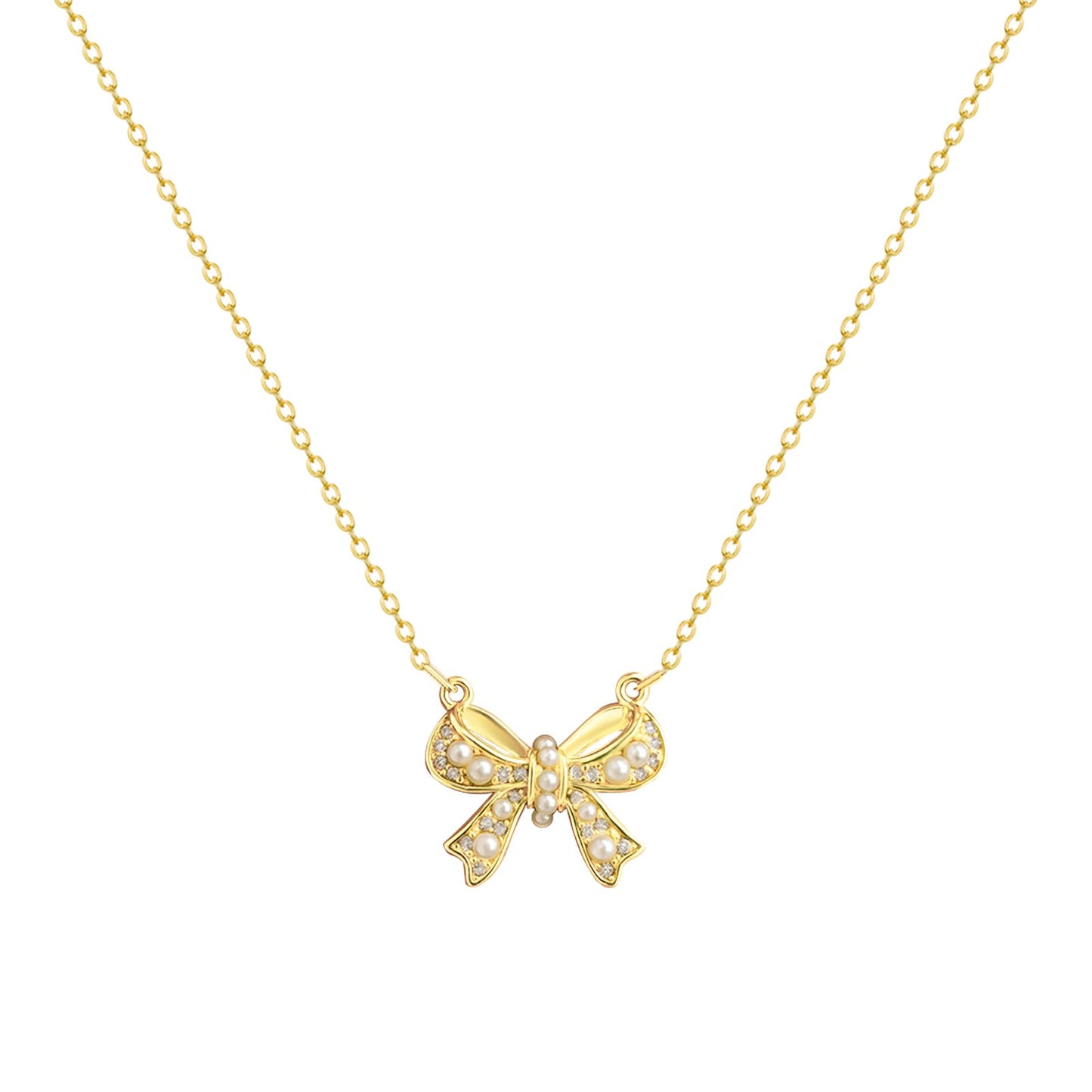 Zeffy Gold Bow Necklace for Women, Cute Shiny Rhinestone Pearl Bow Pendant Necklace Thanksgiving Christmas Valentine Jewelry Gift