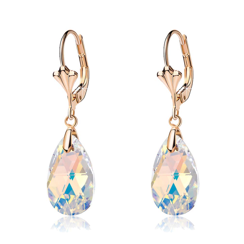 Austrian Crystal Teardrop Leverback Dangle Earrings for Women Fashion 14K Gold Plated Hypoallergenic Jewelry (Aurora Borealis)