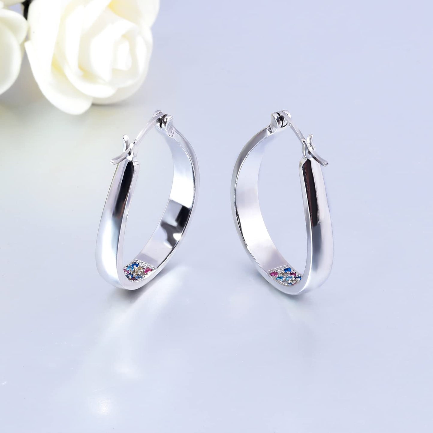 CiNily 925 Sterling Silver Post Hoop Earrings for Women 14K White Gold Plated Rainbow Cubic Zirconia Hoop Earrings Large Oval Chunky Hoops Gemstone Earrings Jewelry