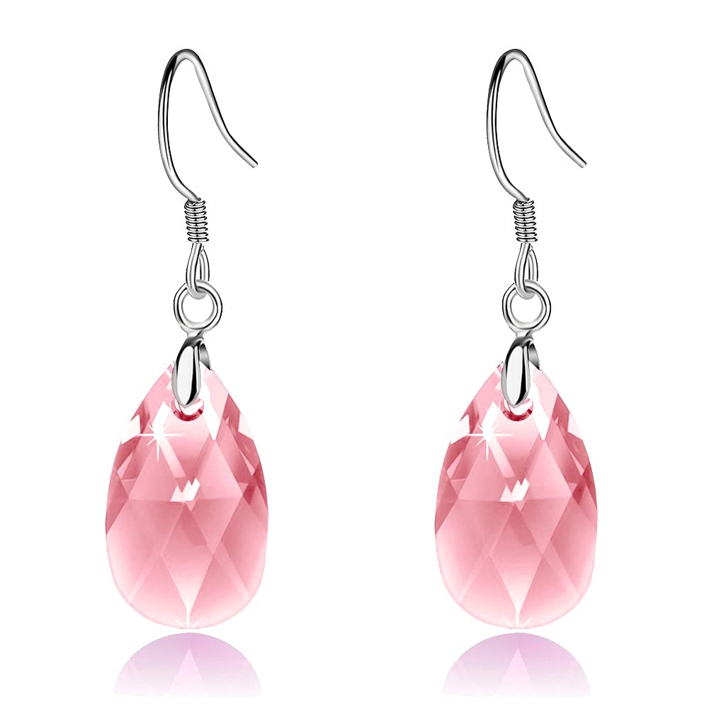Teardrop Austrian Crystal Drop Dangle Earrings for Women 925 Sterling Silver Hook Hypoallergenic Earring (Pink)