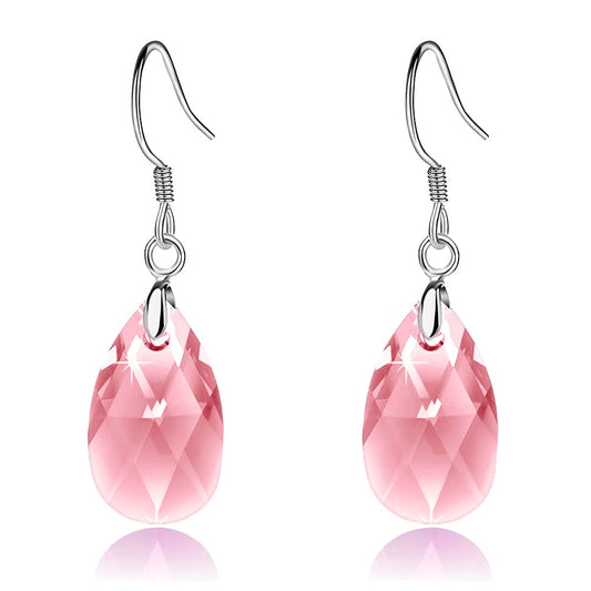 Teardrop Austrian Crystal Drop Dangle Earrings for Women 925 Sterling Silver Hook Hypoallergenic Earring (Pink)