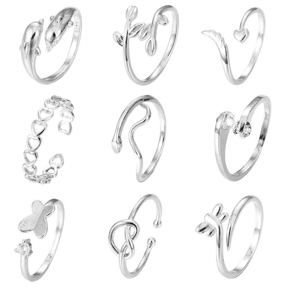 Vivian&CD 925 Silver Toe Rings Set for Women, Open Band Adjustable Non Tarnish Toe Ring, Beach Foot Jewelry for Summer, Stylish and Dainty Toe Rings (Silver)