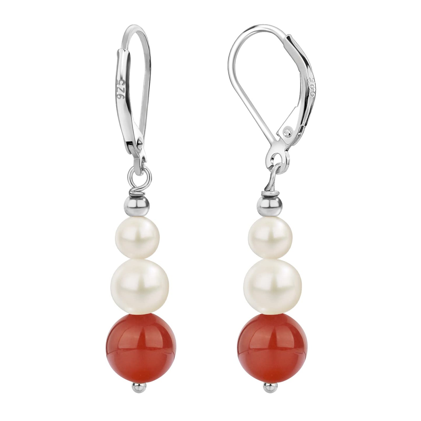 Sterling Silver Freshwater Cultured Pearl Drop Earrings Size 4-8mm Dangle Leverback Earring for Women (Rhodium Plated Carnelian)