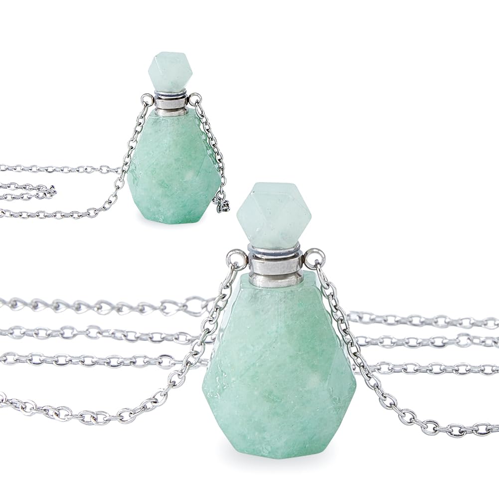 SUPERFINDINGS 2Pcs Perfume Bottle Necklace Essential Oil Diffuser Necklace Natural Green Aventurine Perfume Bottle Pendant with 304 Stainless Steel Chain Gemstone Vial Pendant for Woman Men
