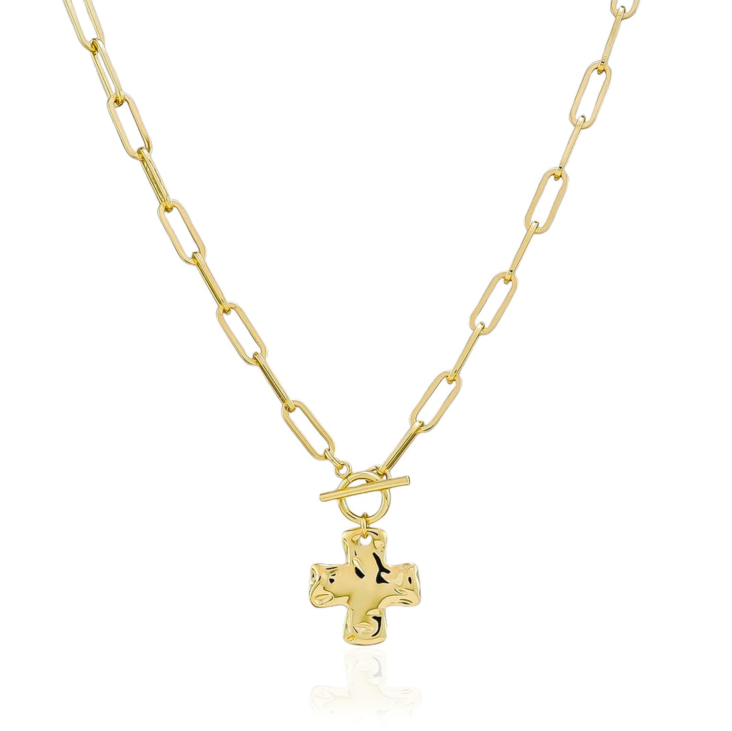 Bheop Chunky Cross Necklace for Women Trendy 14K Real Gold Plated Statement Cross Pendant Charm Necklace Toggle Clasp Long Big Paperclip Faith Chain Costume Jewelry Gift Non Tarnish 2.5CM