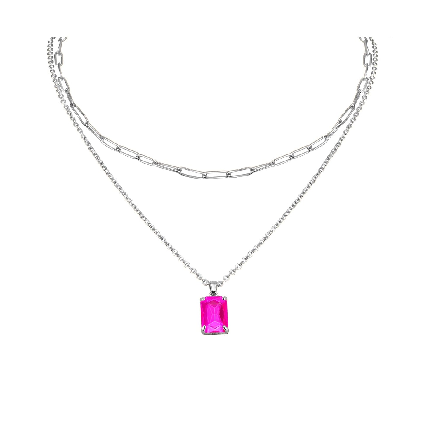 VANGETIMI Hot Pink and Silver Layered Pendant Necklaces for Women Silver Plated Crystal Choker Necklace Paperclip Rhinestone Necklace Party Prom Jewelry