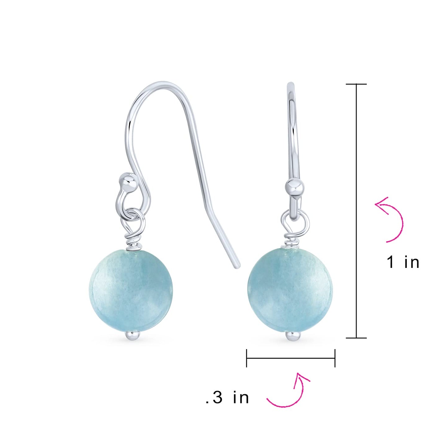 Bling Jewelry Timeless .925 Sterling Silver Blue Aquamarine Bead 8mm Ball Drop Earrings Fish Hook Genuine Gemstone December Birthstone