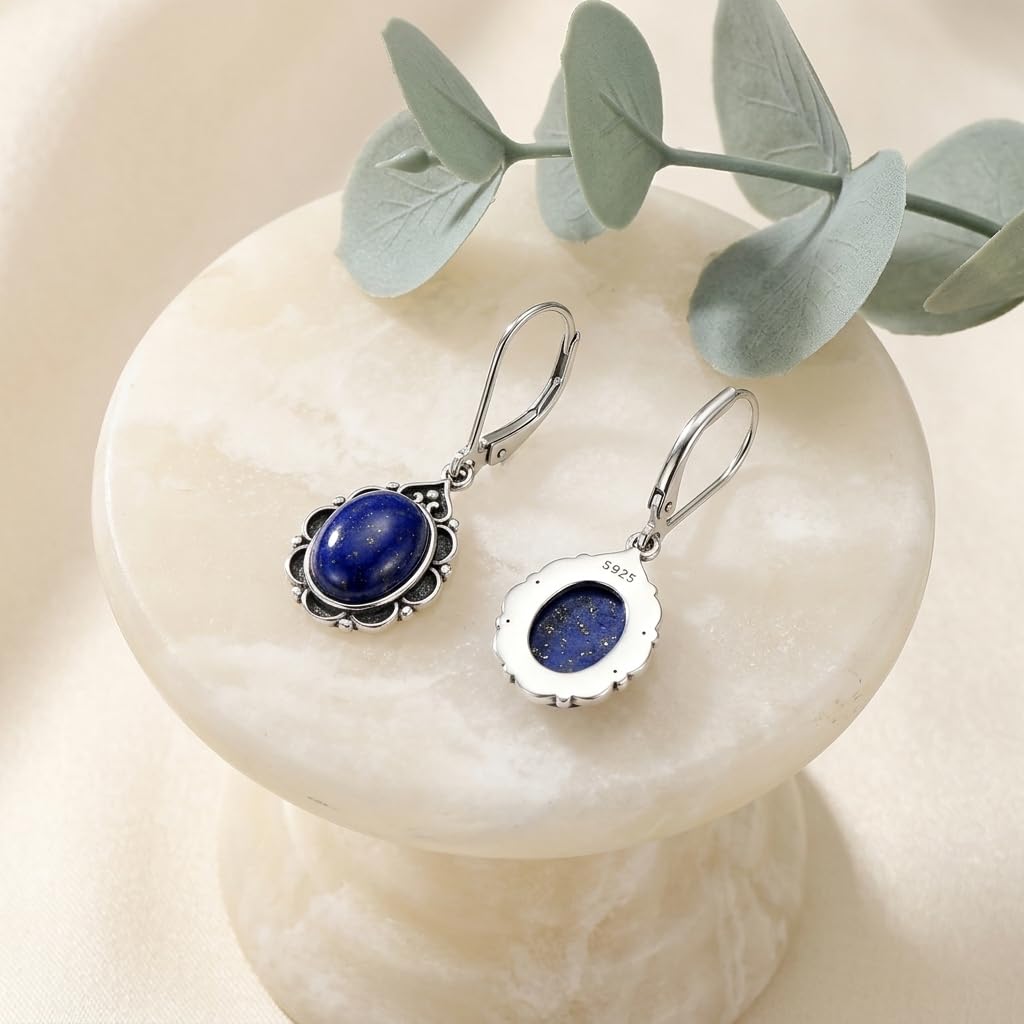 Lapis Lazuli Drop Earrings for Women 925 Sterling Silver Vintage Oval 9x7mm Filigree Leverback Dangle Earrings, Gothic Victorian Antique Jewelry Gifts