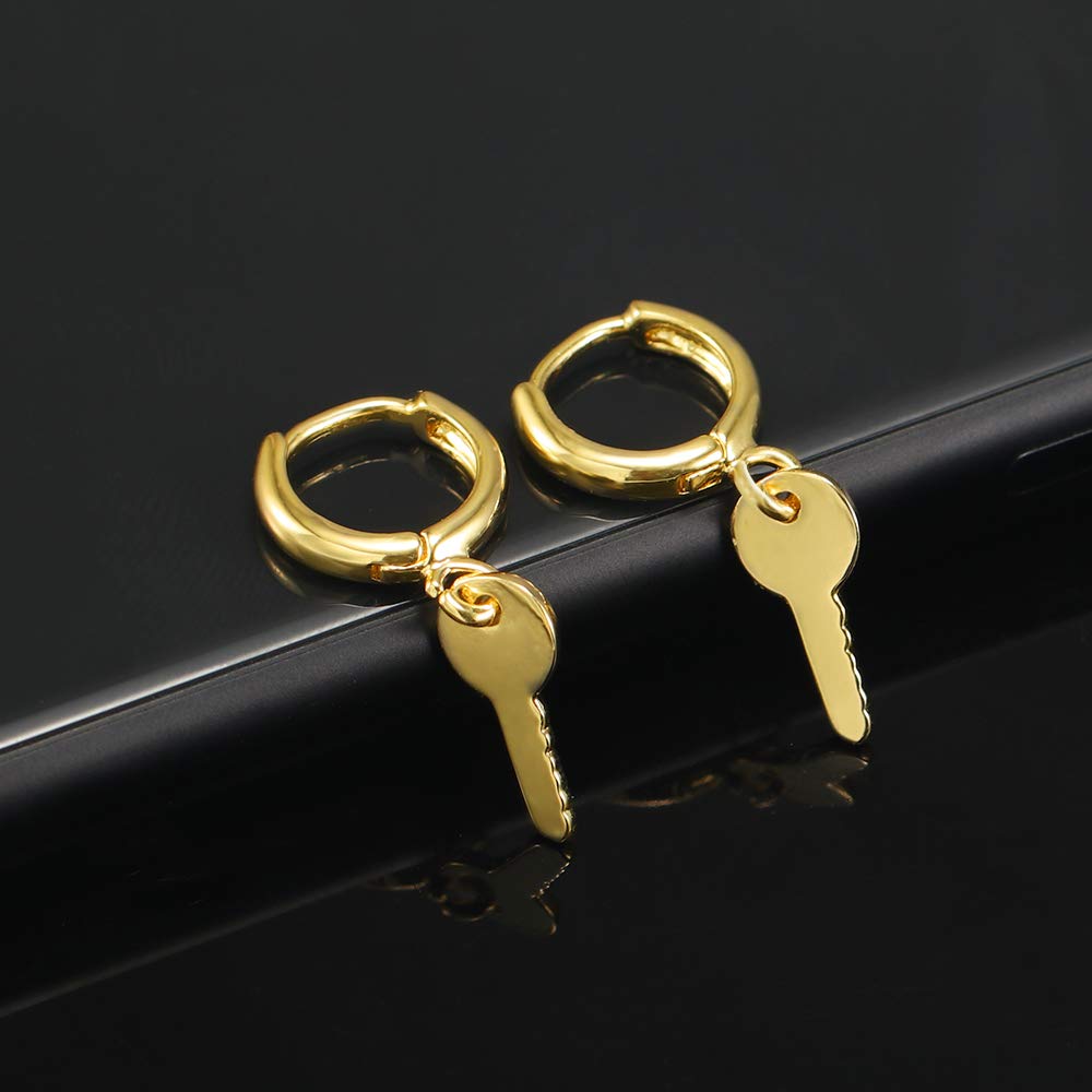 Small Hoop Key Dangle Drop Hoop Earrings With Small Charm for Women Cute Cartilage Fashion 18K Yellow Gold Plated Vintage Elegant Dangling Jewelry