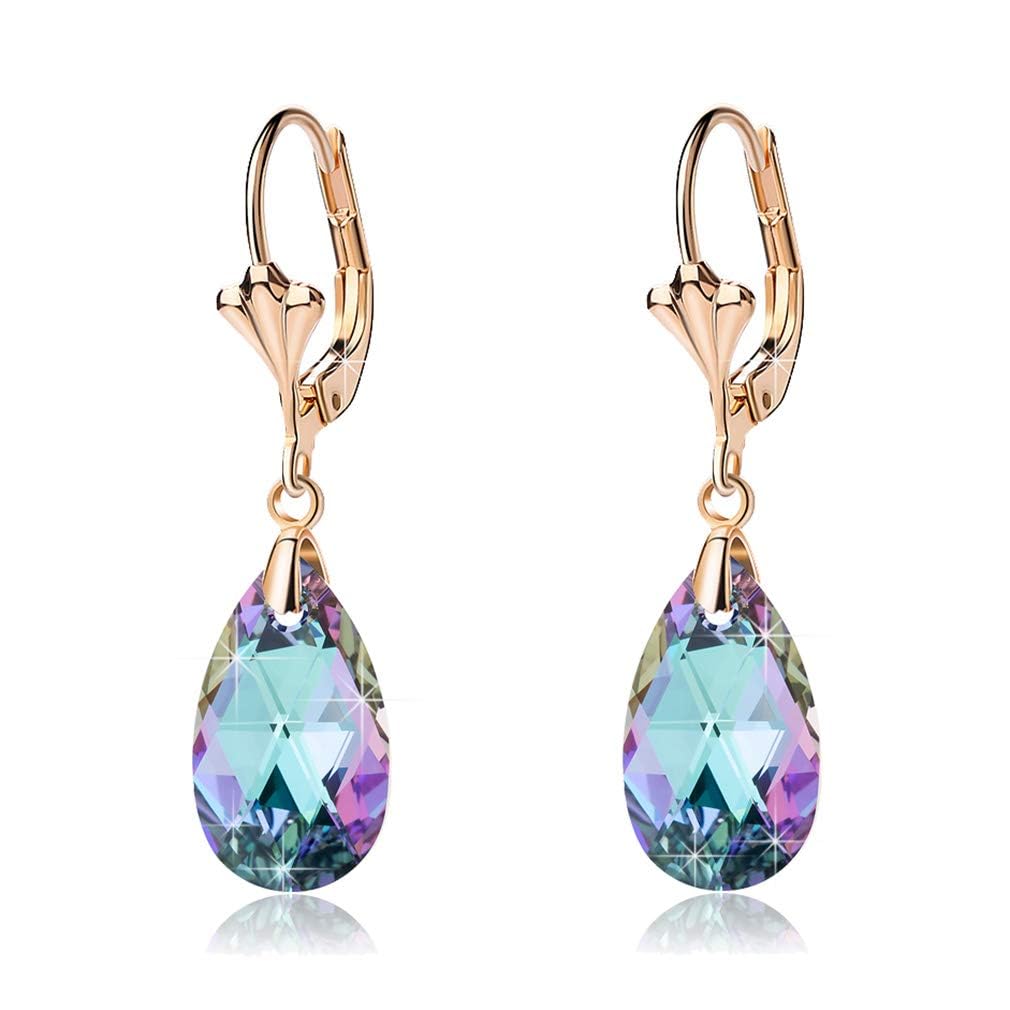 Austrian Crystal Teardrop Leverback Dangle Earrings for Women Fashion 14K Gold Plated Hypoallergenic Jewelry (Vitrail Light)
