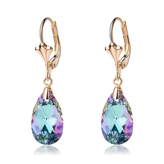 Austrian Crystal Teardrop Leverback Dangle Earrings for Women Fashion 14K Gold Plated Hypoallergenic Jewelry (Vitrail Light)