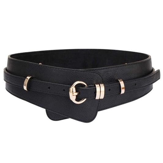 ICSTH Womens Obi Belt Vintage Leather Elastic Waist Belt Fashion Wide Belts (BK)