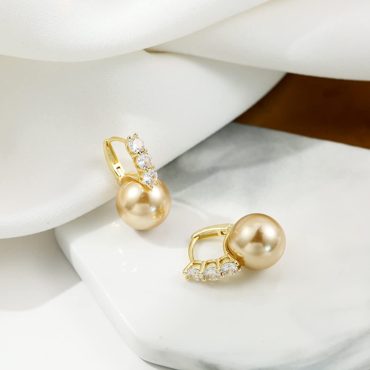 Pearl Earrings for Women 14K Gold Plated Hypoallergenic Pearl Earrings 5A Cubic Zirconia Dangle Earrings Elegant Jewelry (1-Gold-brown)