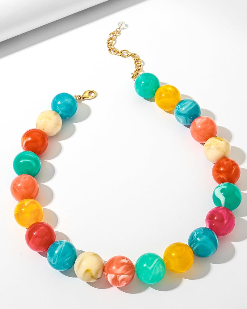 FAUTHENTICUTE Colorful Chunky Beaded Choker Necklace for Women Large Rainbow Resin Bead Strand Necklace Trendy Boho Collar Statement Necklaces Summer Beach Jewelry Gifts