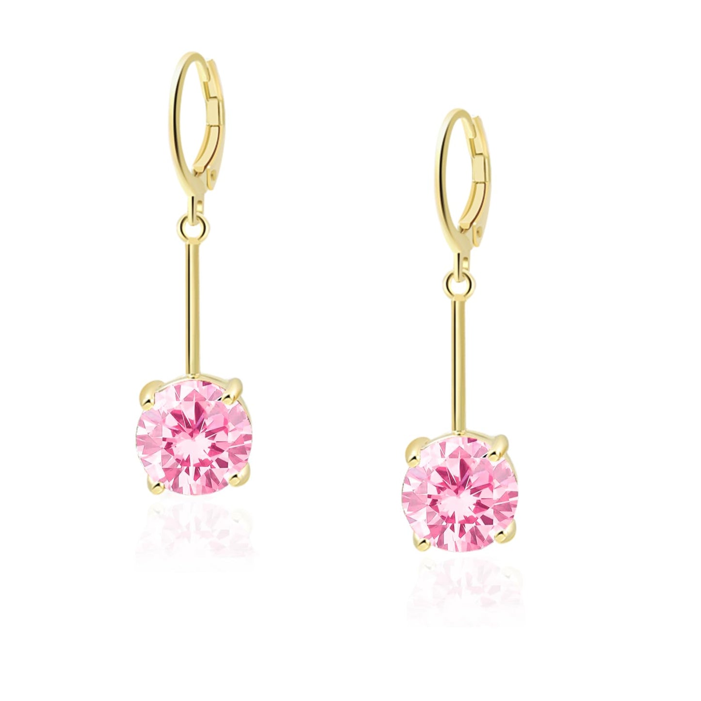 VONSSY Gemstone Drop Dangle Earrings | Platinum/Gold Plated Leverback Crystal Cubic Zirconia Hanging Red/Pink/Blue Earrings (Pink-Gold)