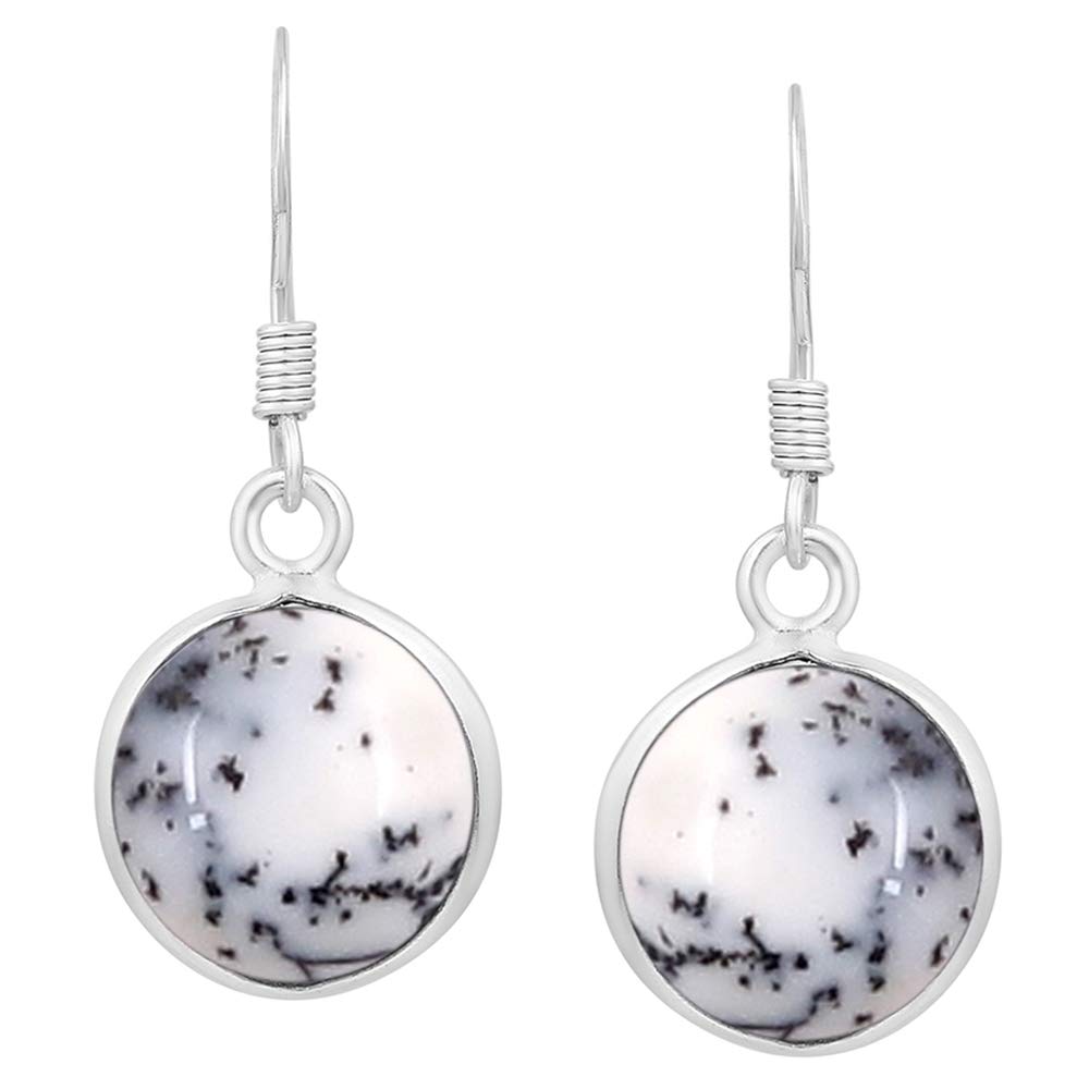 Natural Dendrite Opal 925 Silver Plated Dangle Earrings for Women - Round Shape White Black Color Gemstone October Birthstone Handmade Jewelry Earrings - Birthday Gift for Her
