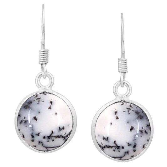 Natural Dendrite Opal 925 Silver Plated Dangle Earrings for Women - Round Shape White Black Color Gemstone October Birthstone Handmade Jewelry Earrings - Birthday Gift for Her