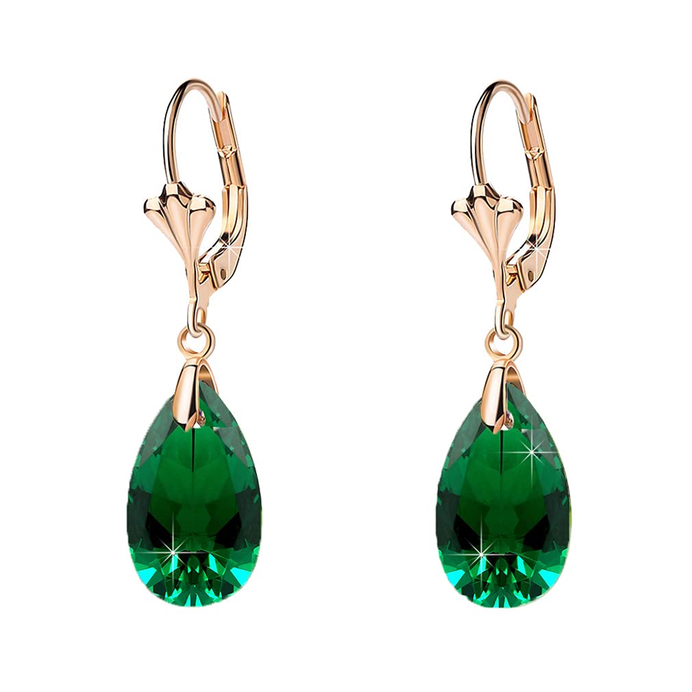 Austrian Crystal Teardrop Leverback Dangle Earrings for Women Fashion 14K Gold Plated Hypoallergenic Jewelry (Emerald)