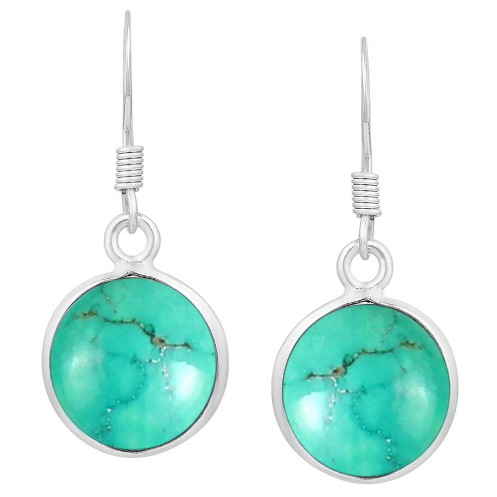 Natural Turquoise 925 Silver Plated Dangle Earrings for Women - Round Shape Green Color Gemstone December Birthstone Handmade Jewelry Earrings - Birthday Gift for Her