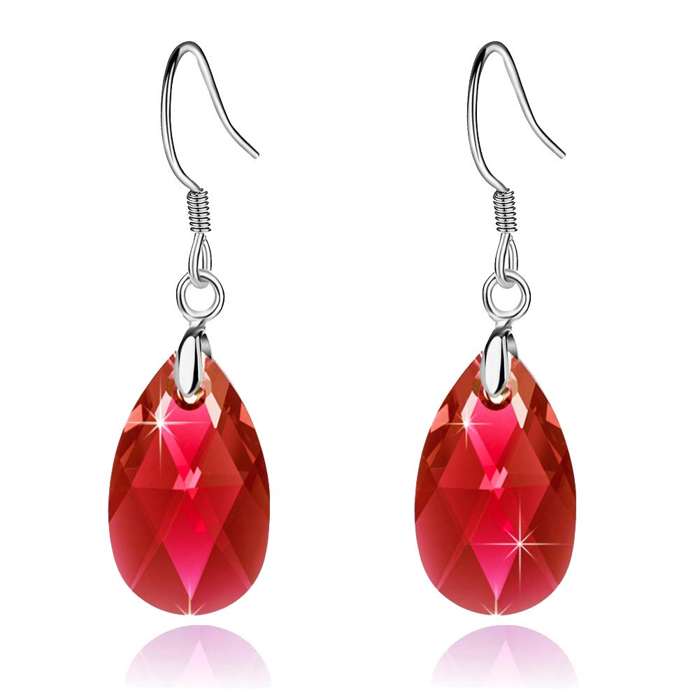 Teardrop Austrian Crystal Drop Dangle Earrings for Women 925 Sterling Silver Hook Hypoallergenic Earring (Red)