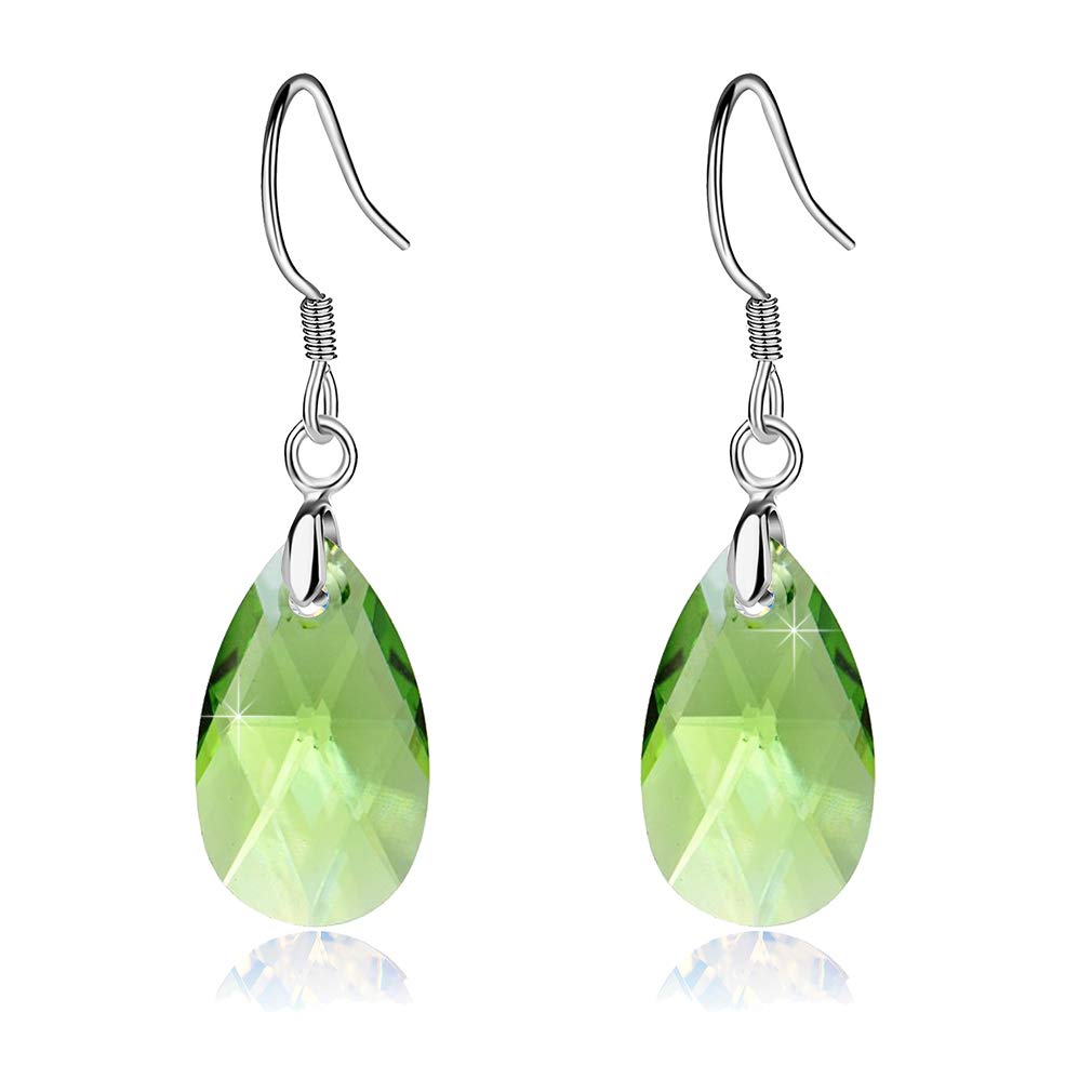 Teardrop Austrian Crystal Drop Dangle Earrings for Women 925 Sterling Silver Hook Hypoallergenic Earring (Green)