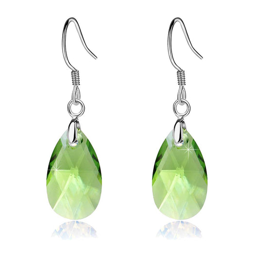 Teardrop Austrian Crystal Drop Dangle Earrings for Women 925 Sterling Silver Hook Hypoallergenic Earring (Green)
