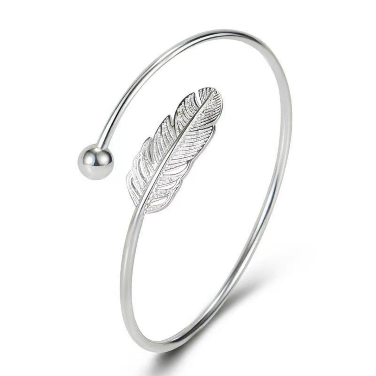 925 Sterling Silver Feather Bracelets for Women Minimalist Open Silver Bangle For Women Adjustable Cuff Bracelets Feathers Wrap Lucky Bangle Bracelets Jewelry Gifts for Mom Wife Daughter Sister