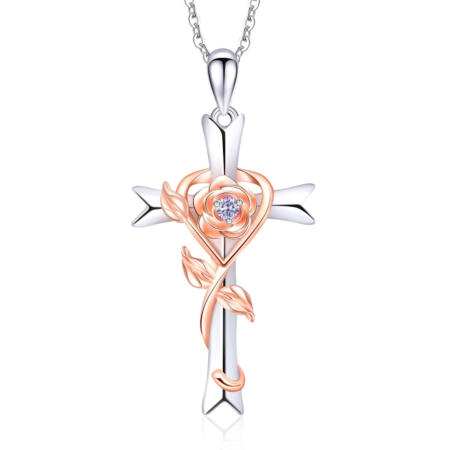 RIVIKO 925 Sterling Silver Cross June Birthstone Necklace for Women Rose Pendant Anniversary Jewelry