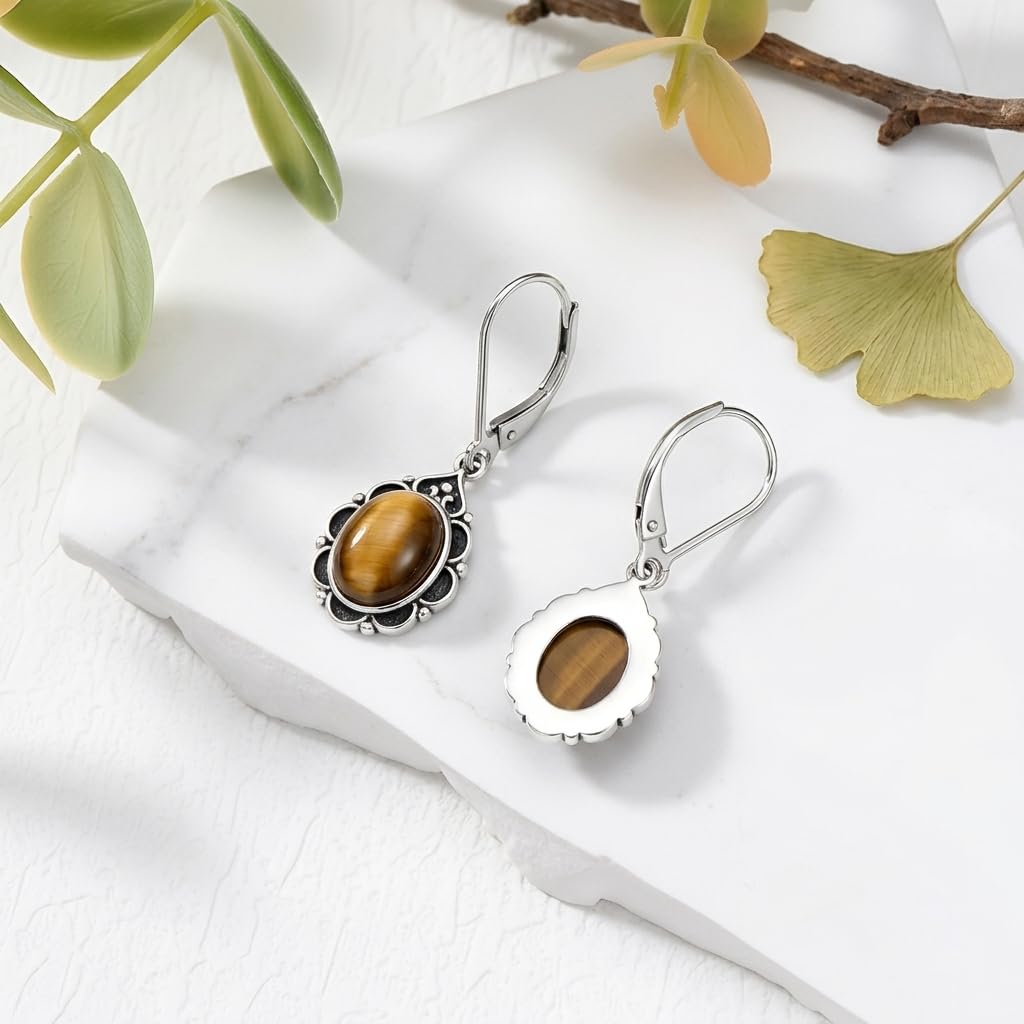 Tiger Eyes Drop Earrings for Women 925 Sterling Silver Vintage Oval 9x7mm Filigree Leverback Dangle Earrings, Gothic Victorian Antique Jewelry Gifts