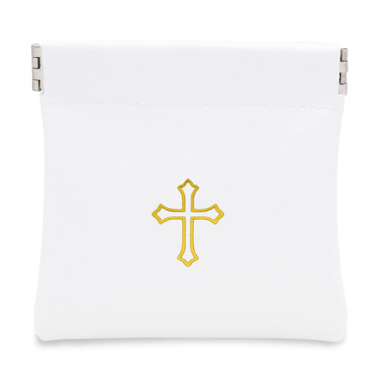 Squeeze-Top Faux Leather Rosary Pouch - Compact White Case for Rosary Beads with Cross Imprint - Keeps Prayer Beads Protected for Travel - Fits Easily in Purse, Pocket, Car, Retreats & Church Use