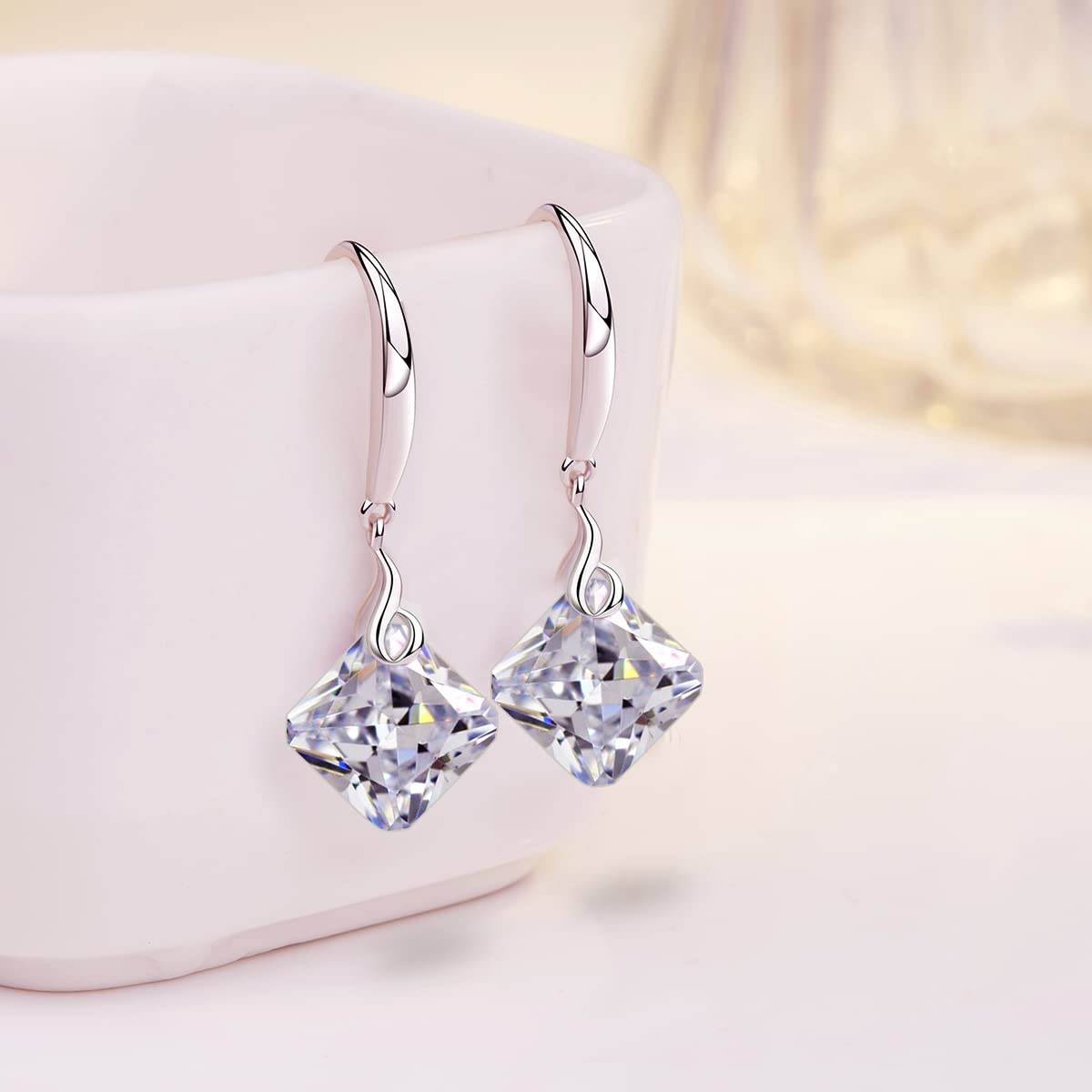 Maylover 14k White Gold Plated 925 Sterling Silver 12mm Pear Shape Naked Drill Crystal Dangle Earrings For Women (Square Clear)