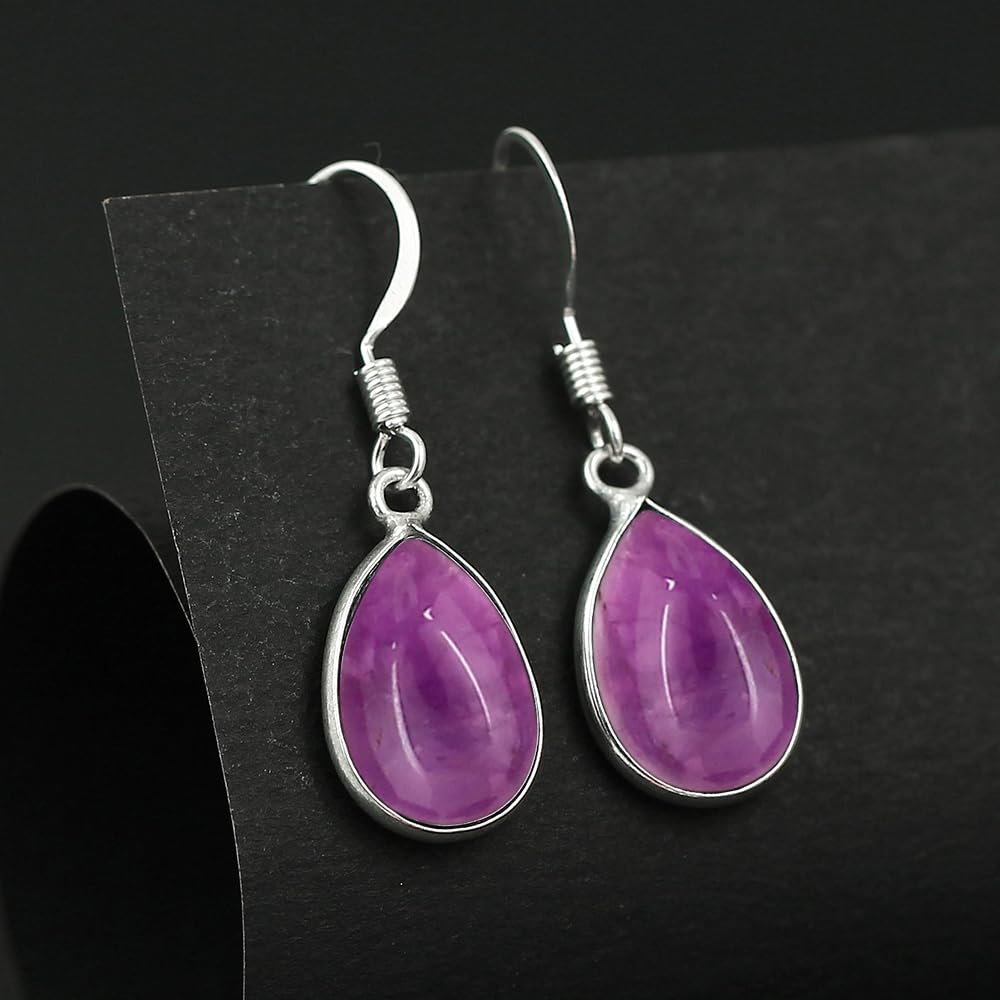 Natural Amethyst Sterling Silver Plated Dangle Earrings for Women - Purple Stone Teardrop Shape February Birthstone Handmade Jewelry Earrings - Valentine's Day Gifts for Her