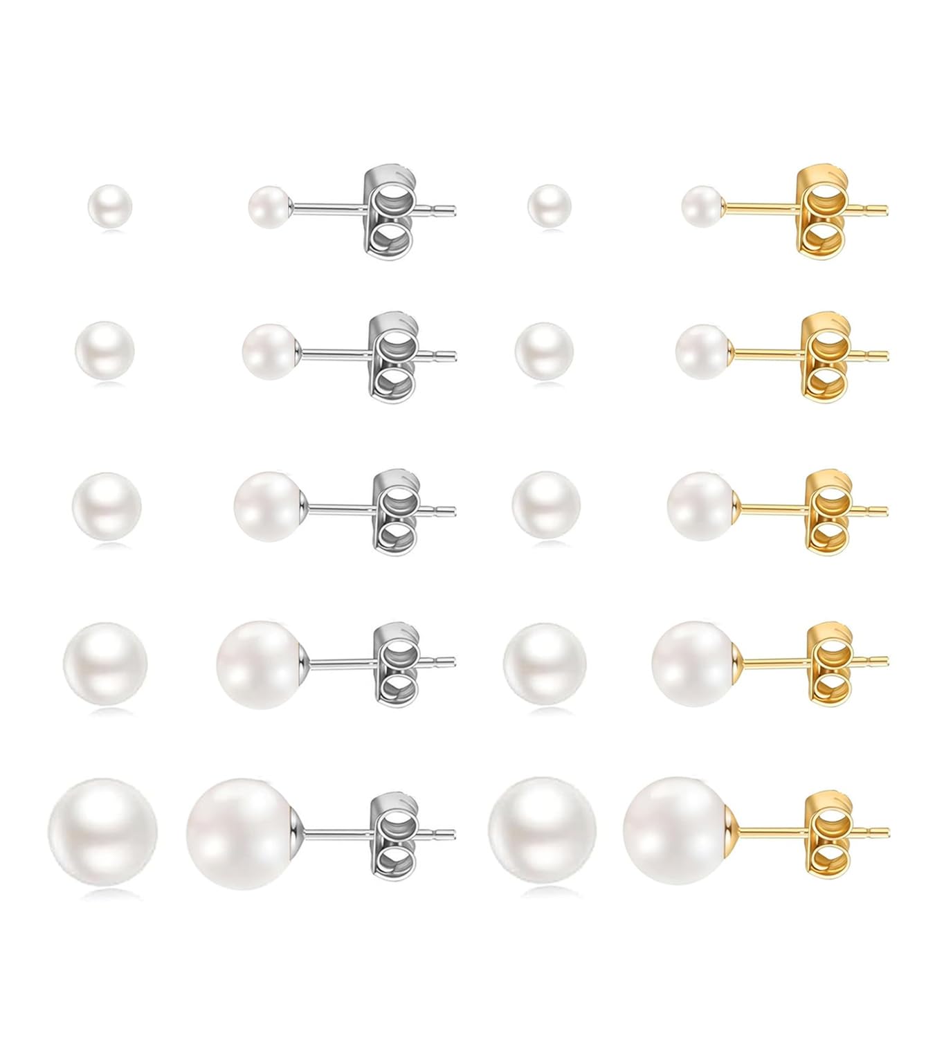 10 Pairs Pearl Stud Earrings for Women, 14K Gold Filled Polished Small Pearl Earrings Set, 20G Hypoallergenic Surgical Steel Piercing Studs for Sensitive Ear, Lightweight Shiny Earrings Studs for Helix Tragus Cartilage Multiple Piercing, Gold+Silver, 3.5-