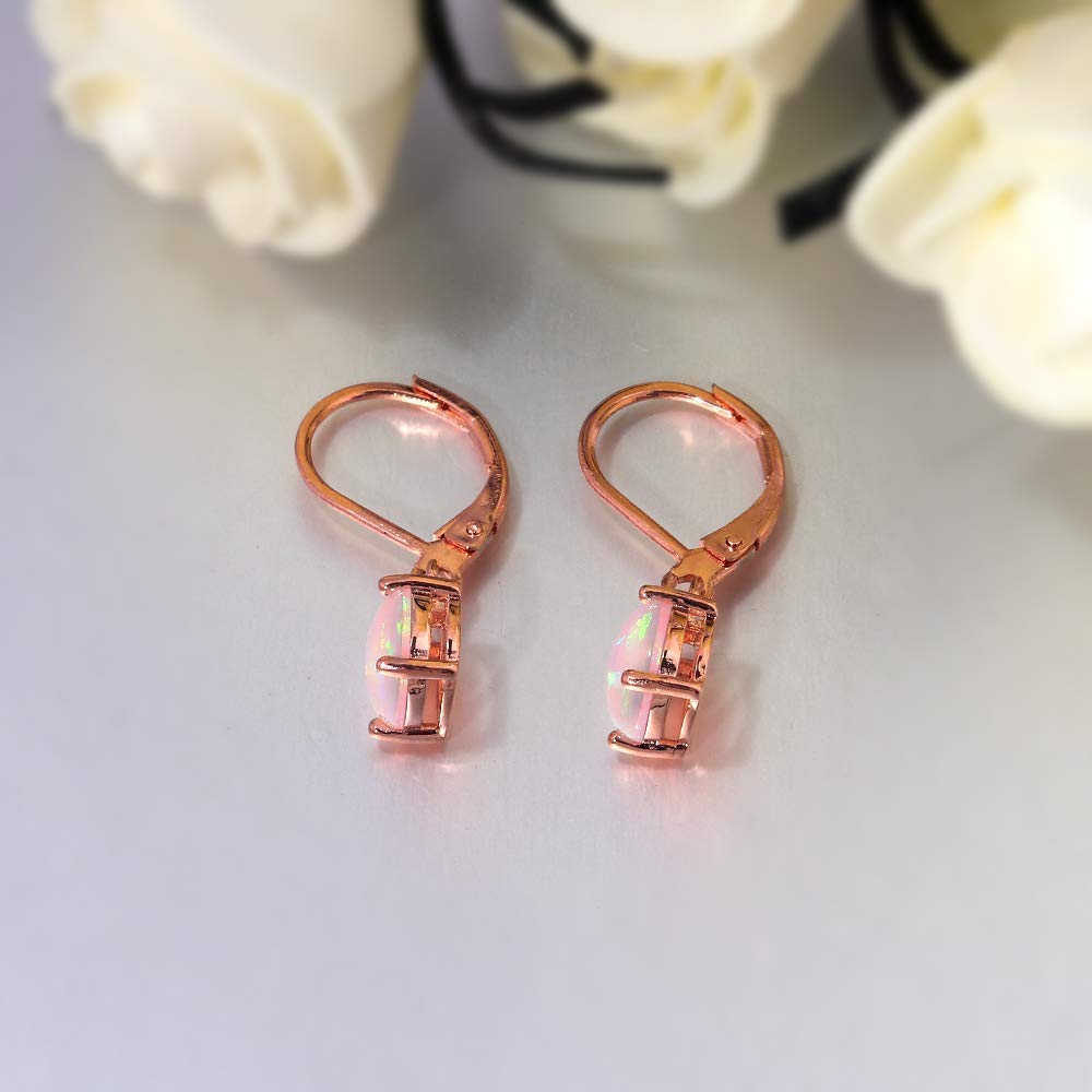CiNily Rose Gold Plated Dangle Opal Earrings for Women, Leverback Drop Earrings Pink Opal Jewelry