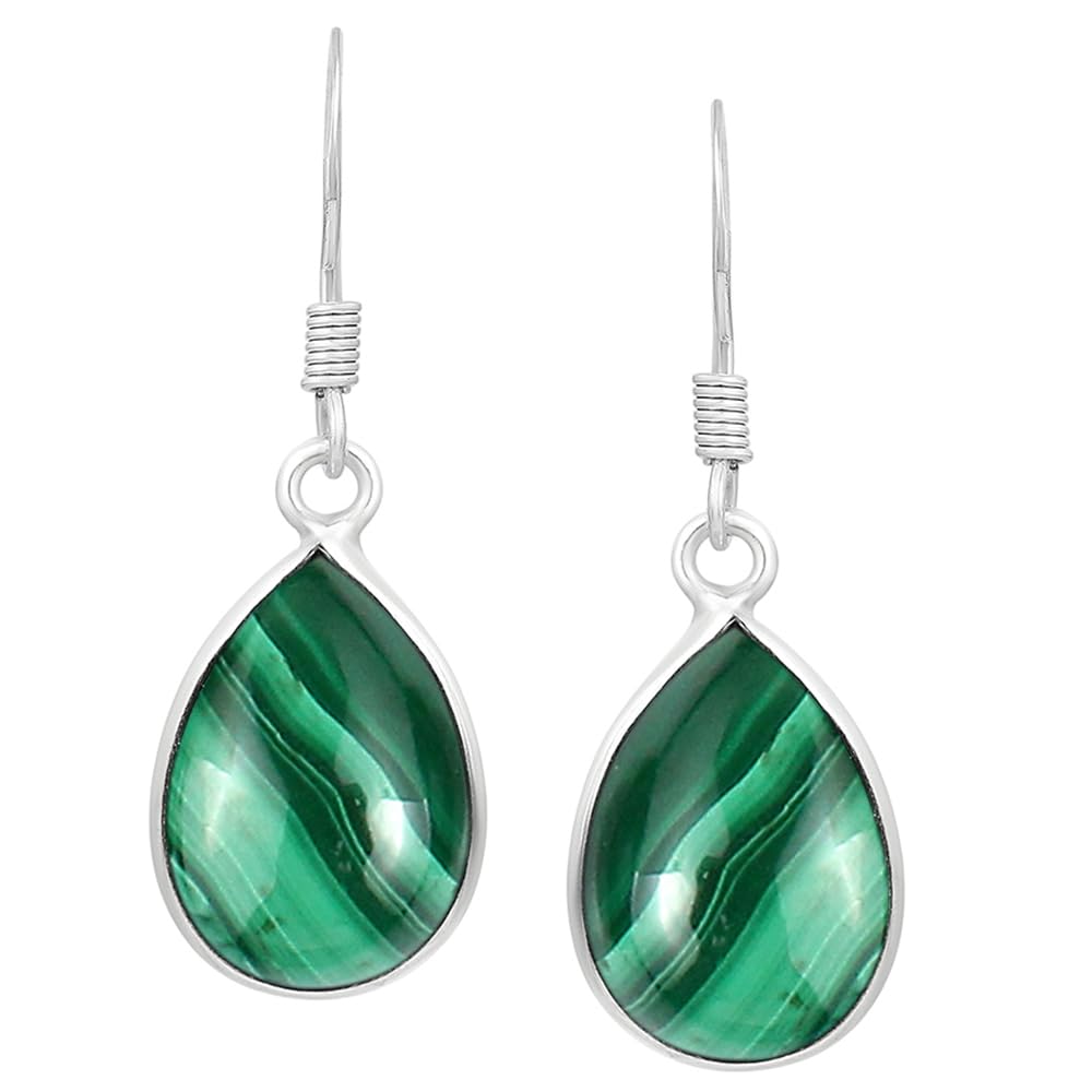 Natural Malachite Sterling Silver Plated Dangle Earrings for Women - Green Stone Teardrop Shape April Birthstone Handmade Drop Earrings Jewelry - Gifts for Her