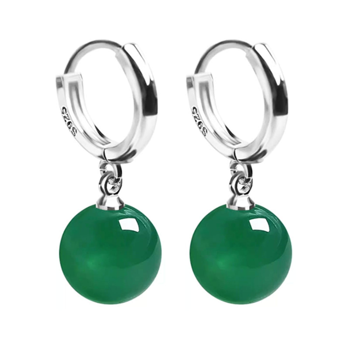 QLYOVWE Handmade Jade Earrings Basic Gemstone Round 12MM Bead Ball Drop Dangle Earrings Rose Quartz Stone Natural Agate Bead Jade Drop Earrings for Women (Green)